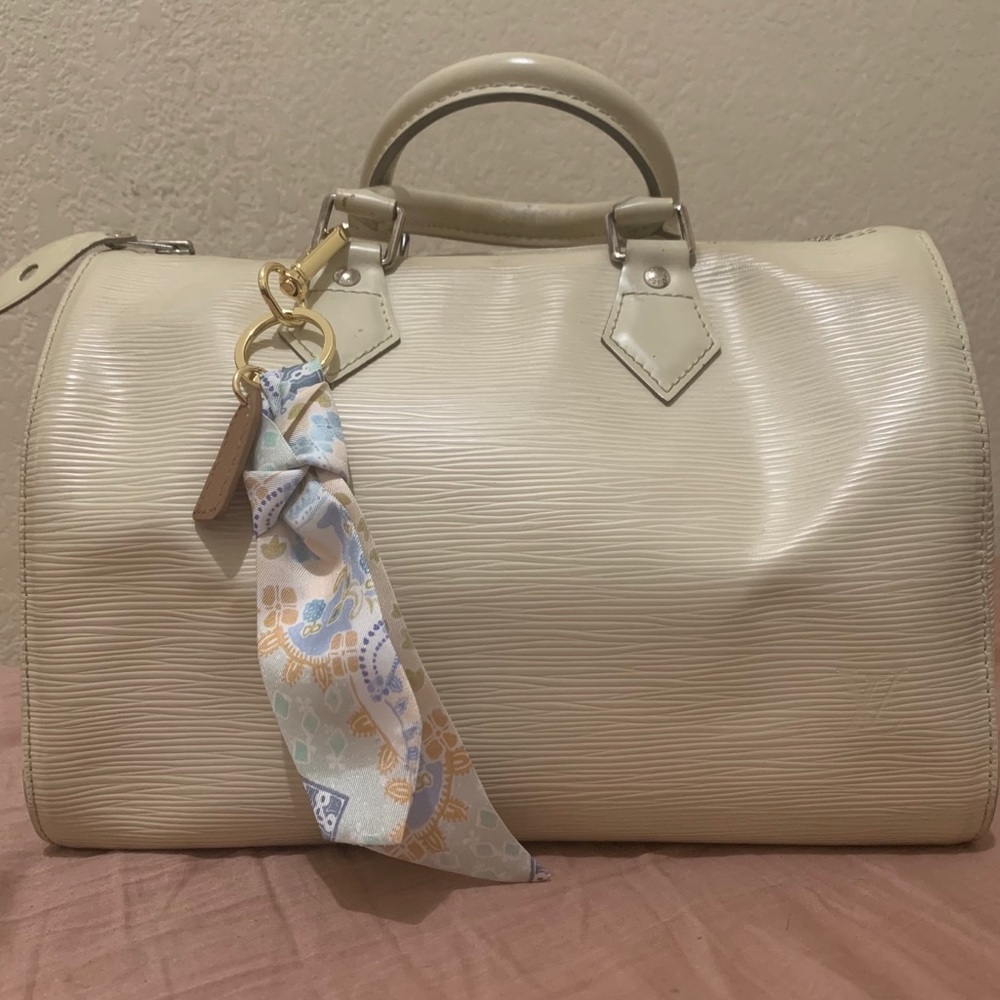 Louis Vuitton Cream Handbag with Patterned Scarf